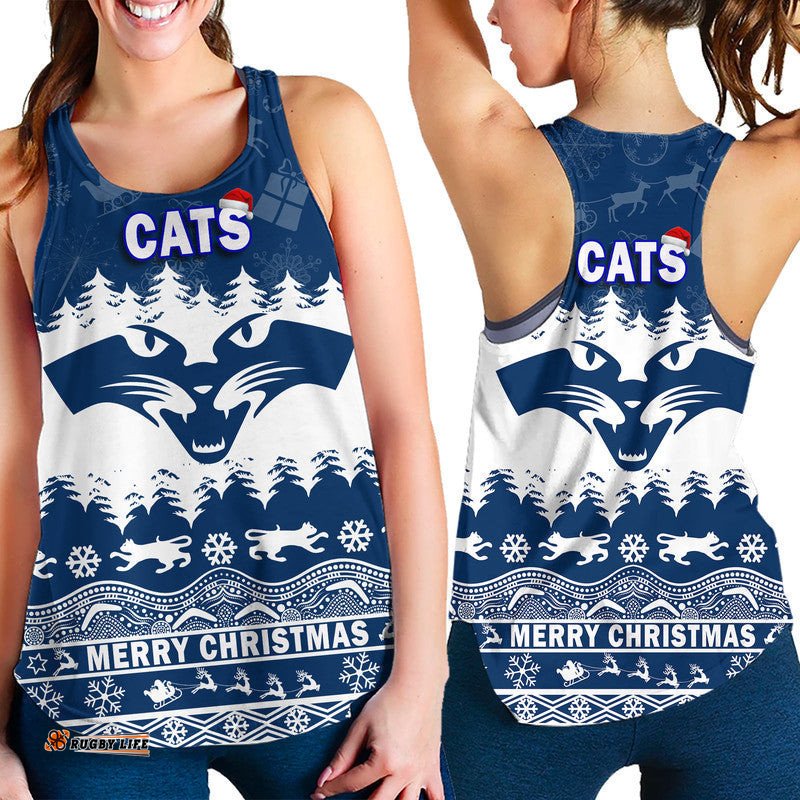 Geelong Cats Unique Winter Season Women Racerback Tank Cats Merry Christmas