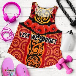 Anzac Lest We Forget Poppy Women Racerback Tank New Zealand Maori Silver Fern Australia Aboriginal