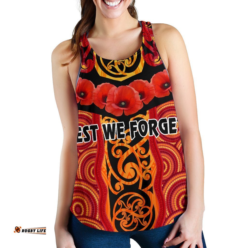 Anzac Lest We Forget Poppy Women Racerback Tank New Zealand Maori Silver Fern Australia Aboriginal