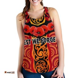 Anzac Lest We Forget Poppy Women Racerback Tank New Zealand Maori Silver Fern Australia Aboriginal
