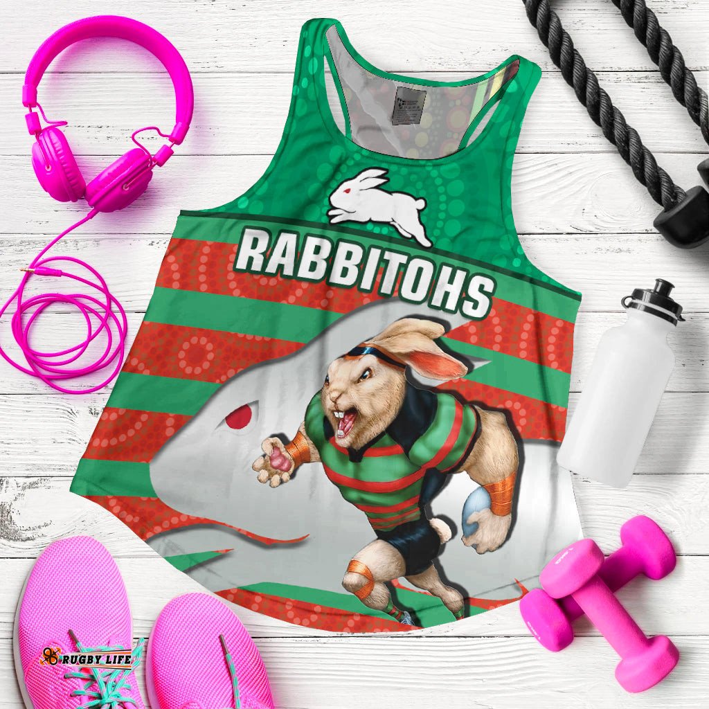 Custom Personalised Rabbitohs Rugby Women Racerback Tank Aboriginal Dot Painting Glory Glory Sporty Style