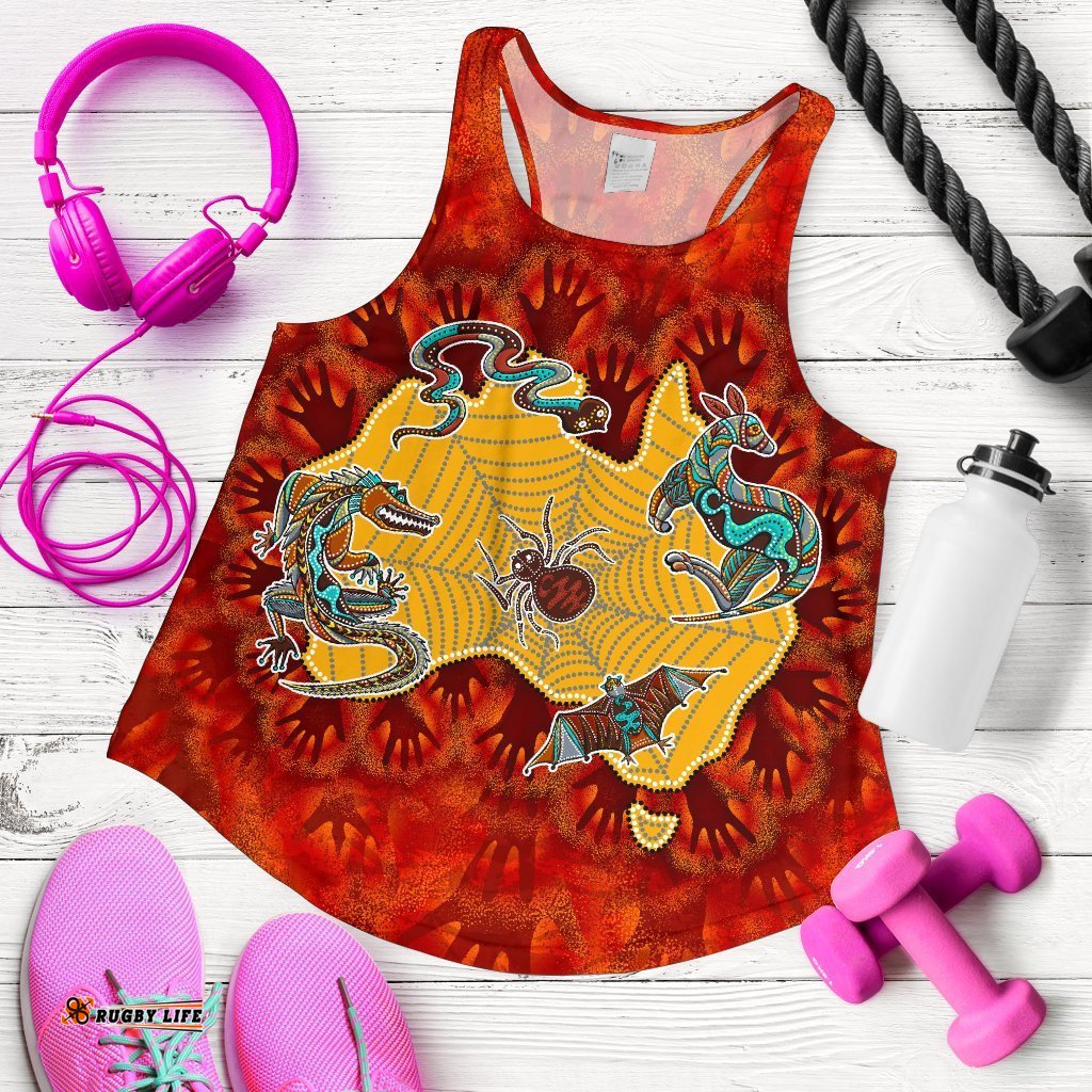 Aboriginal Women's Racerback Tank Australia Map Hand Patterns Spider Web