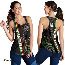 Custom Text And Number Penrith Panthers Rugby Women Racerback Tank The Mountain Men Aboriginal Art Dynamic