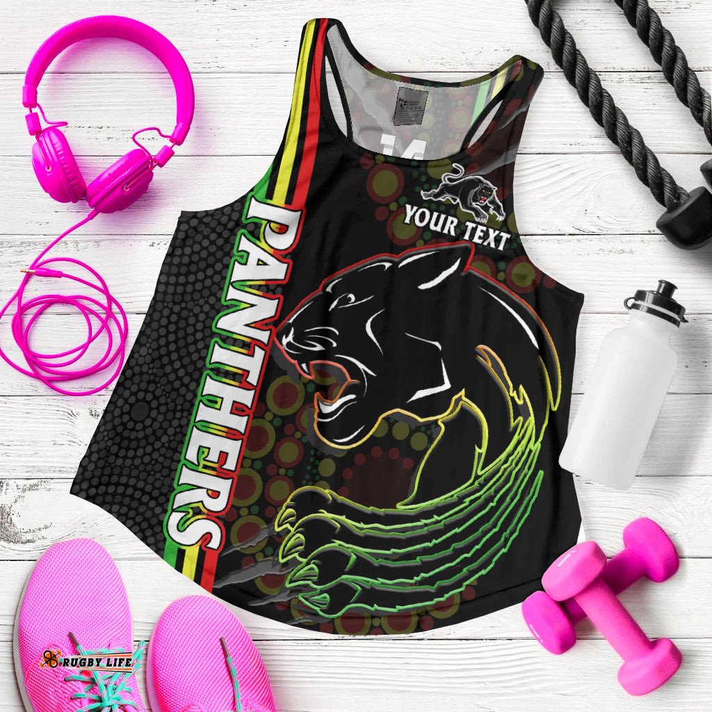 Custom Text And Number Penrith Panthers Rugby Women Racerback Tank The Mountain Men Aboriginal Art Dynamic