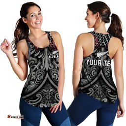 Custom Personalised New Zealand Silver Fern Rugby Women Racerback Tank All Black NZ Maori Pattern