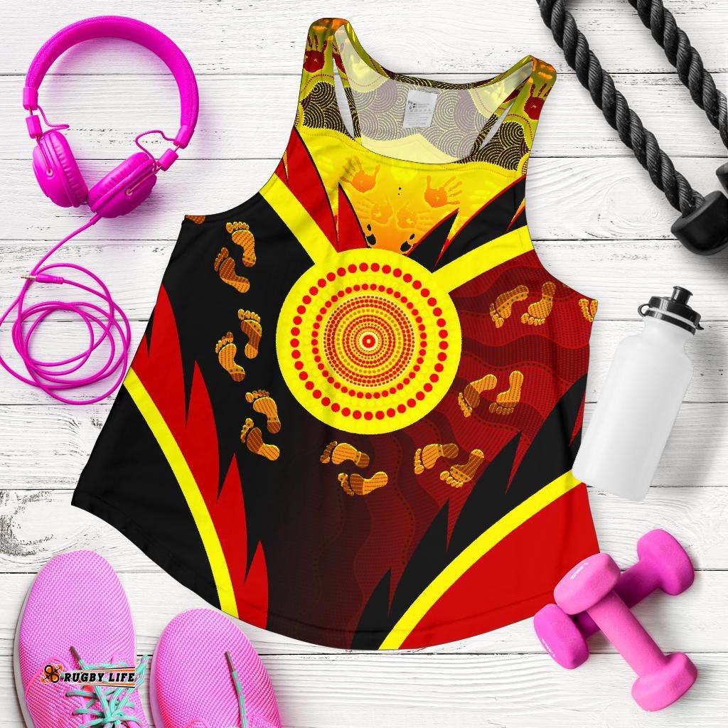 Aboriginal Women's Racerback Tank Indigenous Flag With Footprint Hand Art