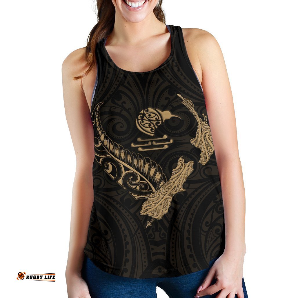 New Zealand Heart Women'S Racerback Tank Map Kiwi Mix Silver Fern Gold