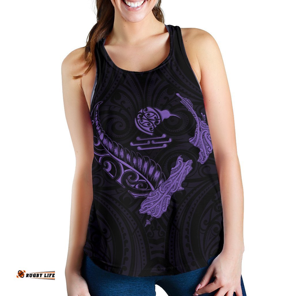 New Zealand Heart Women'S Racerback Tank Map Kiwi Mix Silver Fern Pastel Purple
