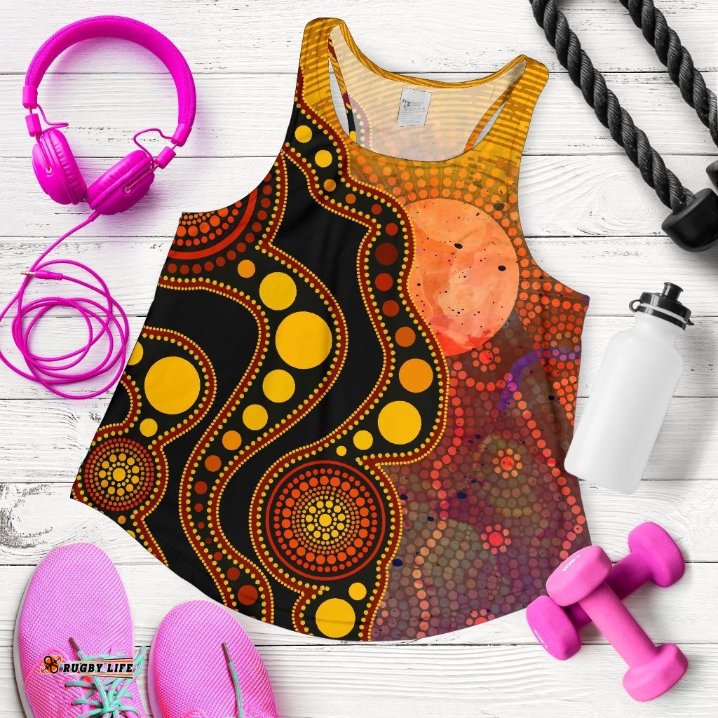 Aboriginal Women's Racerback Tank Australia Indigenous Flag Circle Dot Painting Art Golden