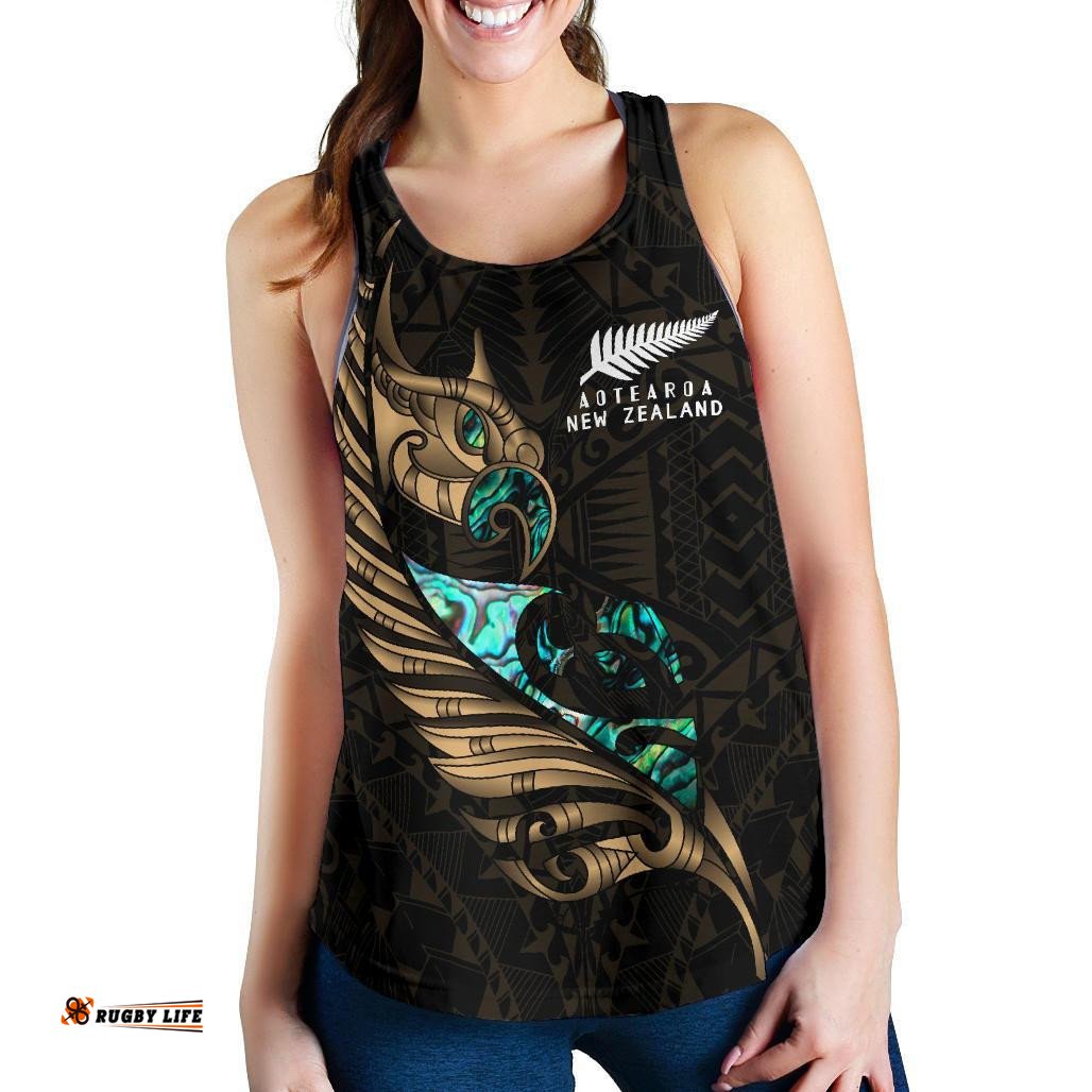 New Zealand Racerback Tank Manaia Paua Fern Wing Gold