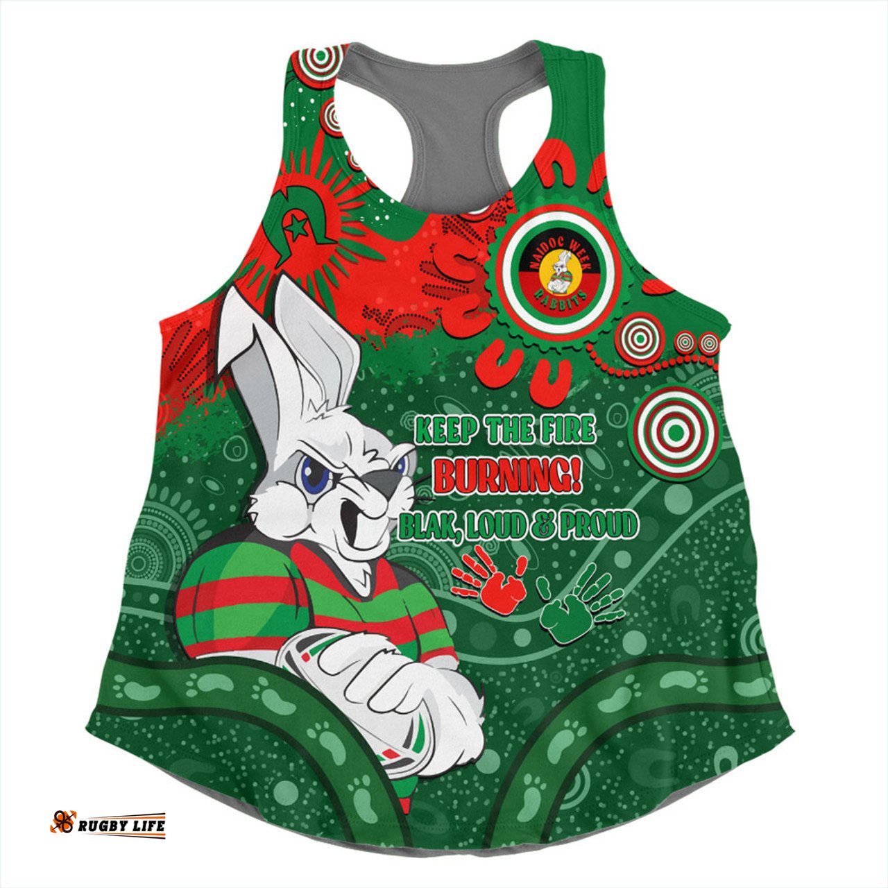 South Sydney Rabbitohs Women Racerback Singlet Aboriginal Indigenous Naidoc Week Dreamtime Dot Painting With Flag