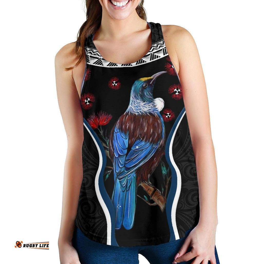 New Zealand Tui Bird Women Racerback Tank Pohutukawa Black