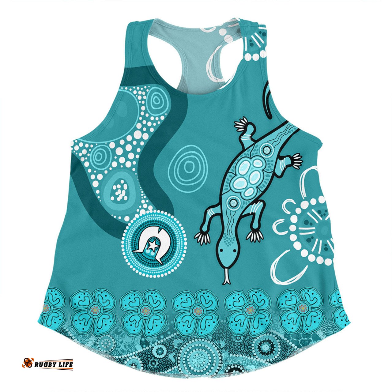 Australia Goanna Aboriginal Women Racerback Singlet - Indigenous Dot Goanna Teal Blue Women Racerback Singlet
