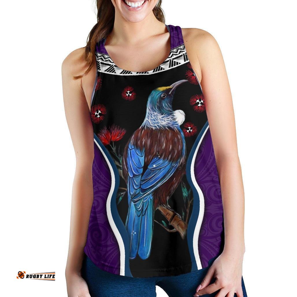 New Zealand Tui Bird Women Racerback Tank Pohutukawa Purple