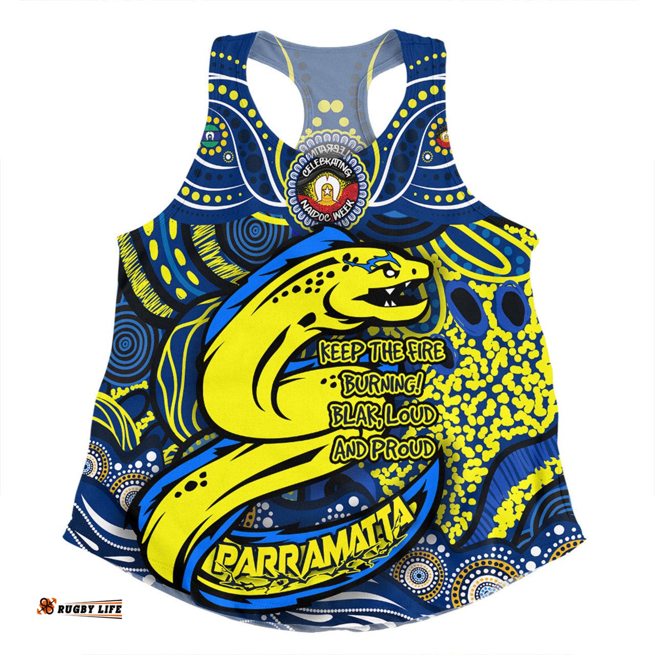 Parramatta Eels Women Racerback Singlet Celebrating Naidoc Week 2024 Aboriginal Dot Art Inspired
