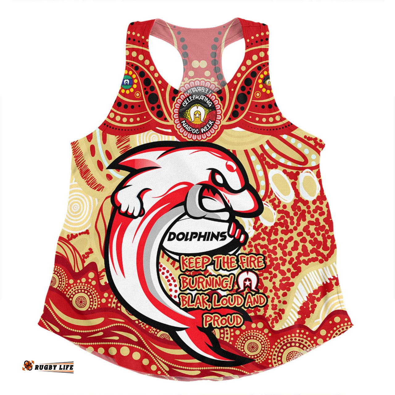 Redcliffe Dolphins Women Racerback Singlet Celebrating Naidoc Week 2024 Aboriginal Dot Art Inspired