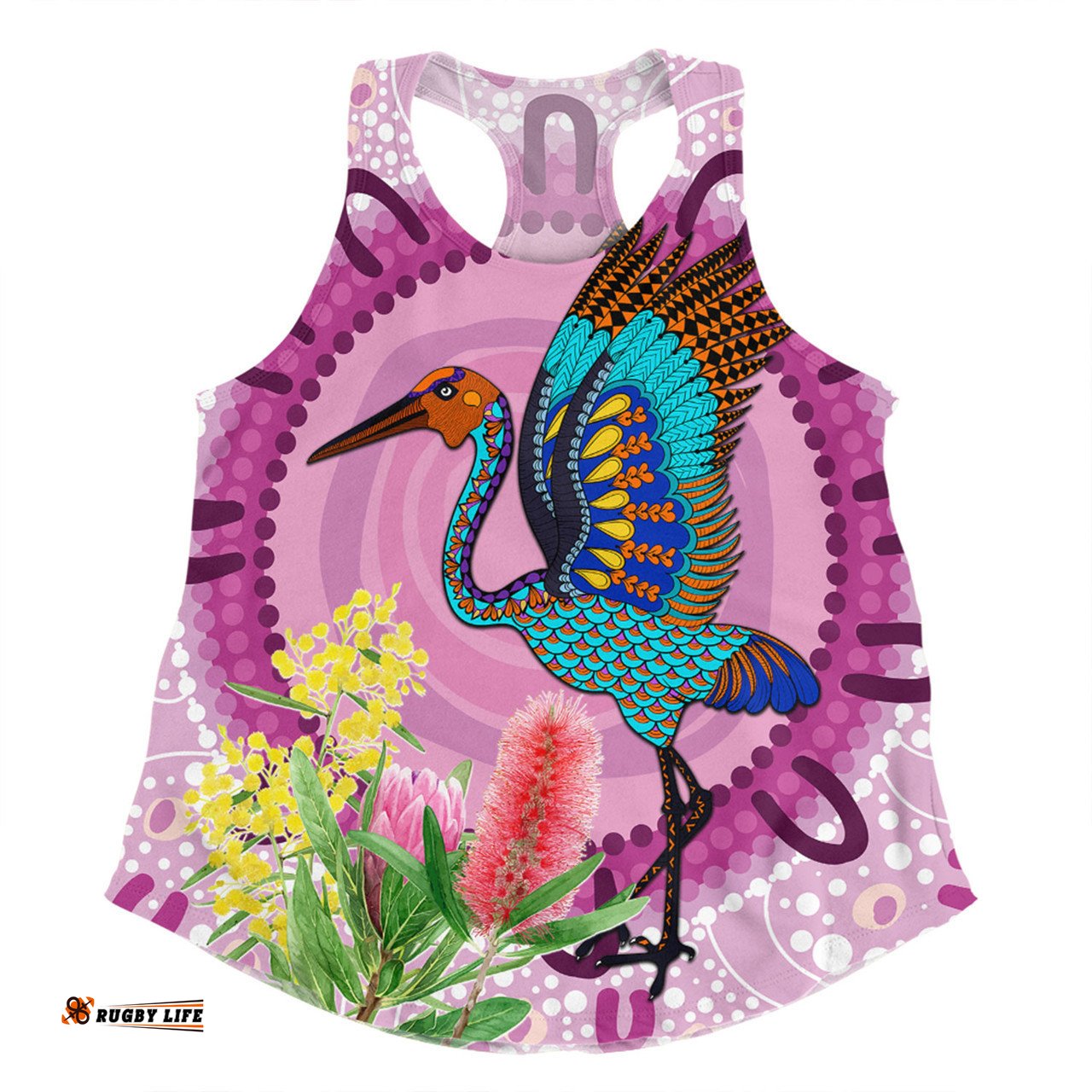 Australia Aboriginal Women Racerback Singlet - Brolga Bird Dancing With Australia Native Flowers Women Racerback Singlet