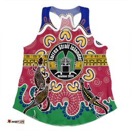 Australia Torres Strait Islands Custom Women Racerback Singlet - Torres Strait Islanders Dhari With Goannas And Dot Art Reunion Women Racerback Singlet