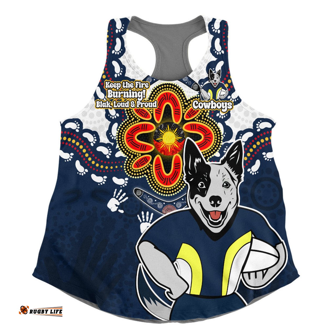 North Queensland Cowboys Women Racerback Singlet Aboriginal Inspired Naidoc Symbol Pattern