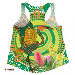 Australia Aboriginal Women Racerback Singlet - Brolga Bird Dancing With Australia Native Flowers V2 Women Racerback Singlet