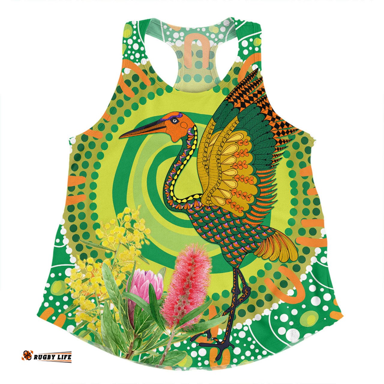 Australia Aboriginal Women Racerback Singlet - Brolga Bird Dancing With Australia Native Flowers V2 Women Racerback Singlet