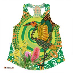 Australia Aboriginal Women Racerback Singlet - Brolga Bird Dancing With Australia Native Flowers V2 Women Racerback Singlet