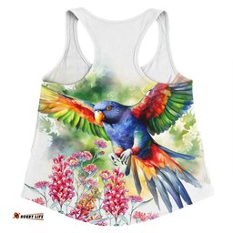 Australia Rainbow Lorikeets Women Racerback Singlet - Rainbow Lorikeets Flying With Grevillea Flowers Art Women Racerback Singlet