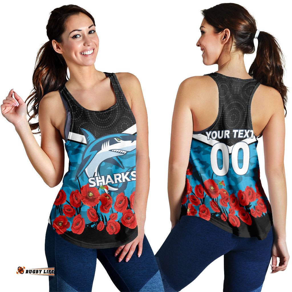 Custom Personalised Cronulla Sutherland Sharks Anzac Day Indigenous Art Women Tank Top