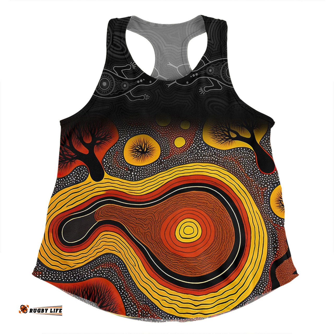 Australia Aboriginal Custom Women Racerback Singlet - Dreaming Trees And Goanna In Dot Pattern Women Racerback Singlet