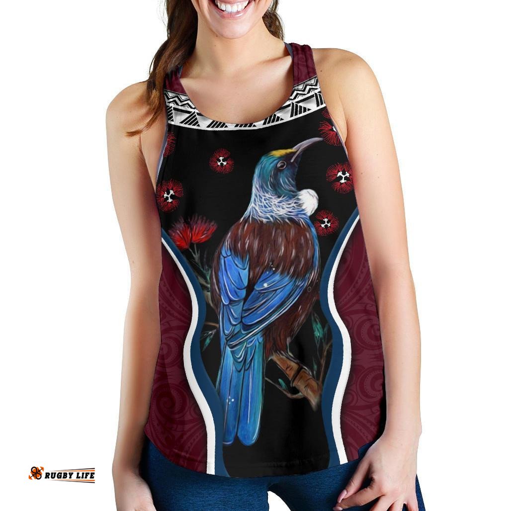 New Zealand Tui Bird Women Racerback Tank Pohutukawa Burgundy