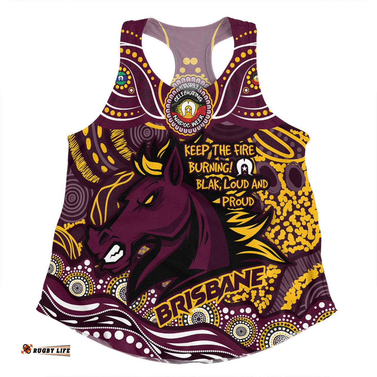 Brisbane Broncos Women Racerback Singlet Celebrating Naidoc Week 2024 Aboriginal Dot Art Inspired