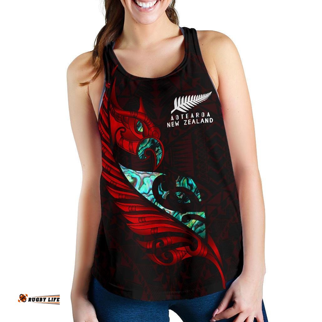 New Zealand Racerback Tank Manaia Paua Fern Wing Red