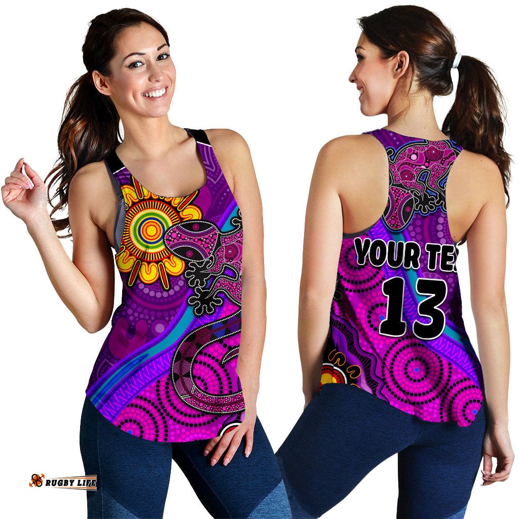 Custom Text and Number Australia Lizard and Sun Women Racerback Tank Aboriginal Art Purple