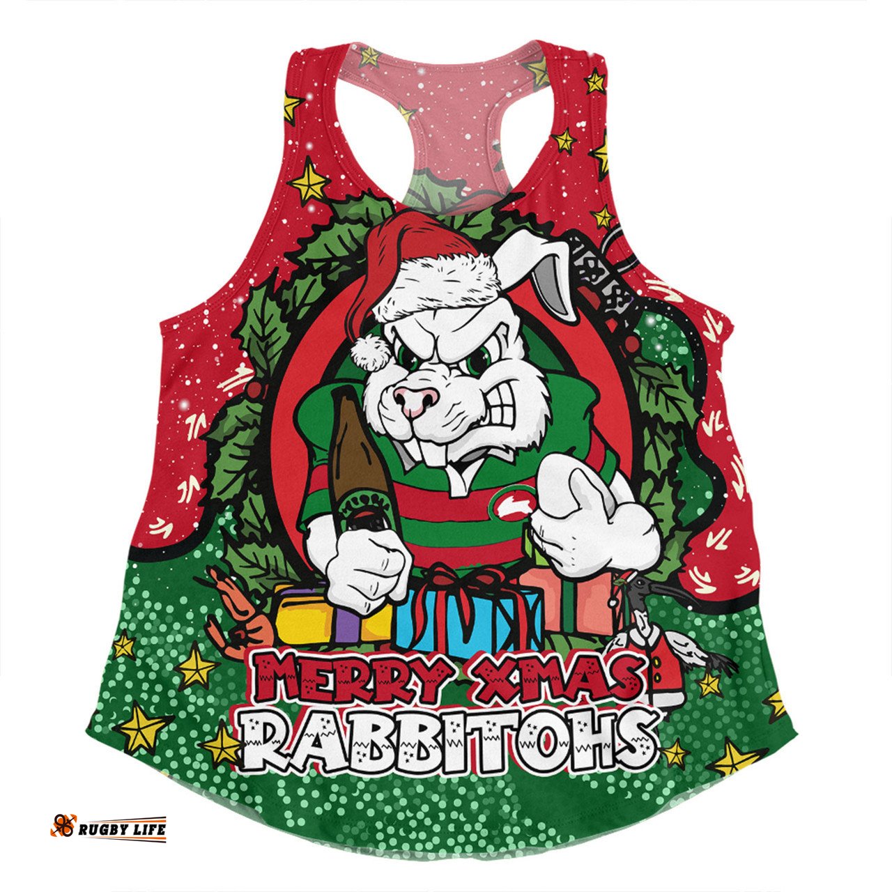 South Sydney Rabbitohs Custom Women Racerback Singlet - Merry Christmas Our Beloved Team With Aboriginal Dot Art Pattern Women Racerback Singlet