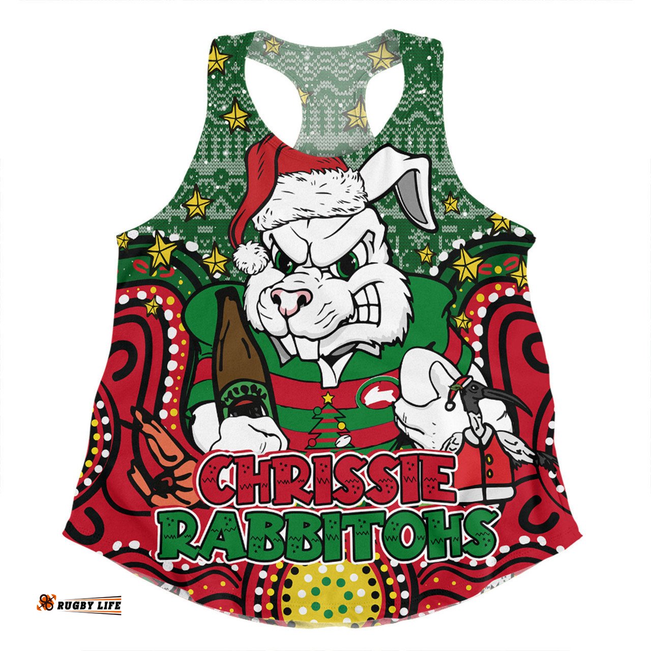 South Sydney Rabbitohs Custom Women Racerback Singlet - Christmas Knit Patterns Vintage Jersey Ugly Women Racerback Singlet
