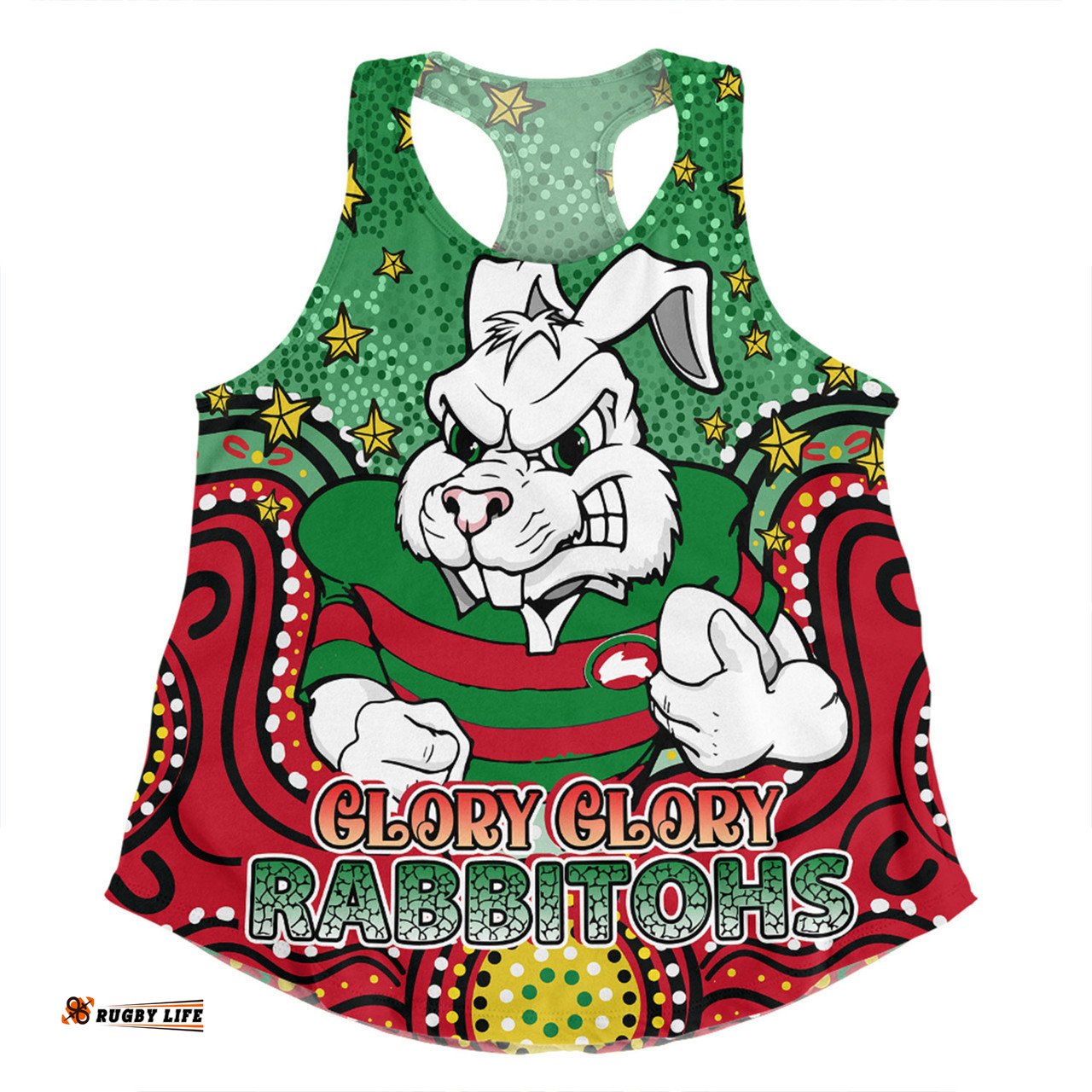 South Sydney Rabbitohs Women Racerback Singlet - Custom With Aboriginal Inspired Style Of Dot Painting Patterns  Women Racerback Singlet