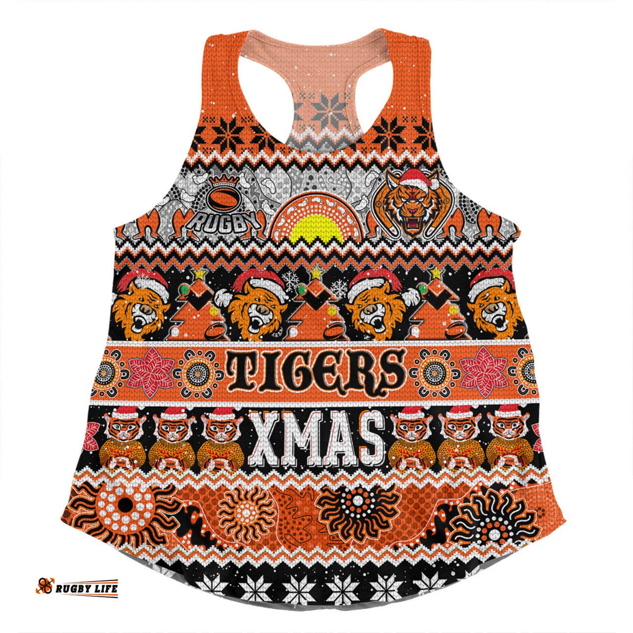 Wests Tigers Christmas Aboriginal Custom Women Racerback Singlet - Indigenous Knitted Ugly Xmas Style Women Racerback Singlet