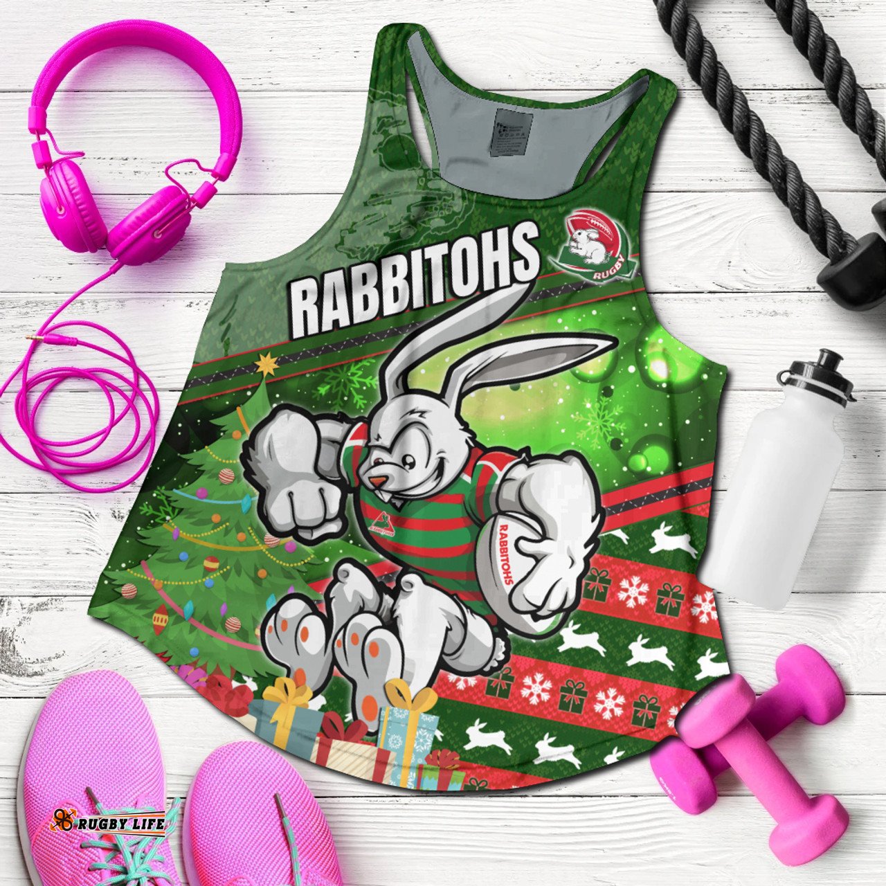 South Sydney Rabbitohs Women Racerback Tank - Christmas Tree Rabbit Ball Women Racerback Tank