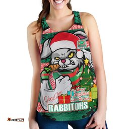 South Sydney Rabbitohs Women Racerback Tank - Merry Christmas Super Rabbitohs With Ball And Aboriginal Patterns
