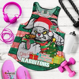 South Sydney Rabbitohs Women Racerback Tank - Merry Christmas Super Rabbitohs With Ball And Aboriginal Patterns