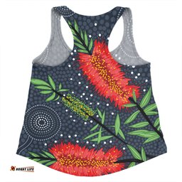 Australia Flowers Aboriginal Women Racerback Singlet - Red Bottle Brush Tree Depicted In Aboriginal Style Women Racerback Singlet