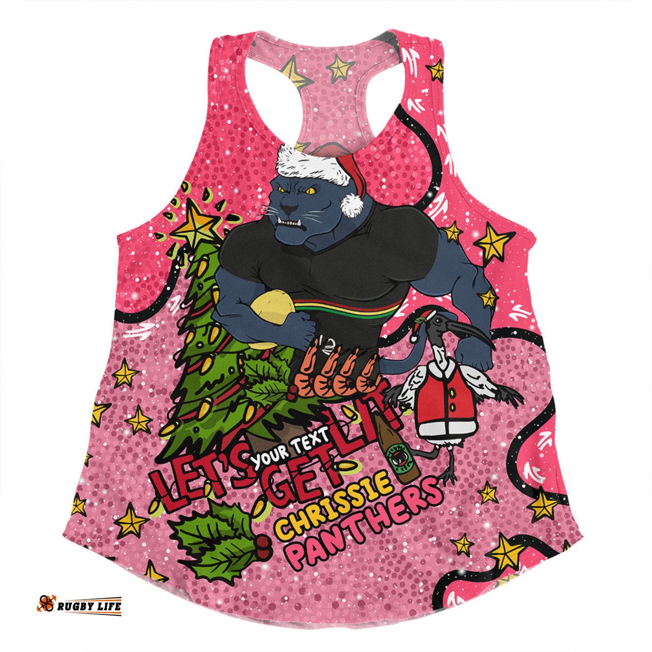 Penrith Panthers Christmas Custom Women Racerback Singlet - Let's Get Lit Chrisse Pressie Pink Women Racerback Singlet