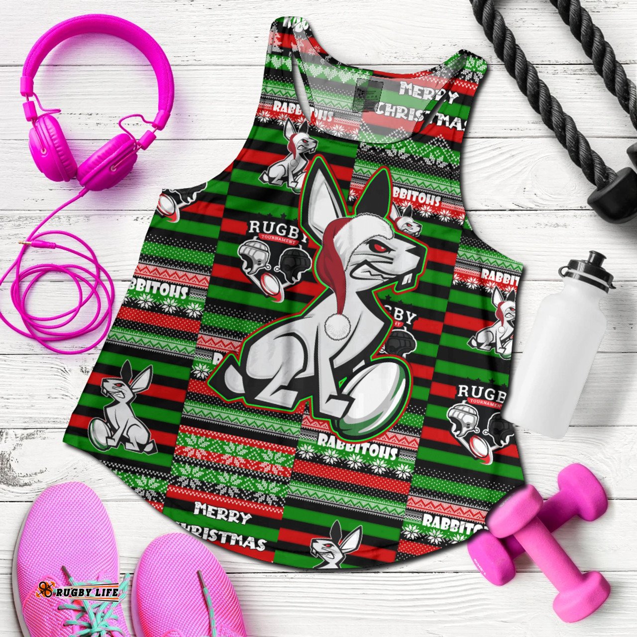 South Sydney Rabbitohs Women Racerback Tank - South Sydney Rabbitohs Merry Christmas Random Square Pattern Women Racerback Tank