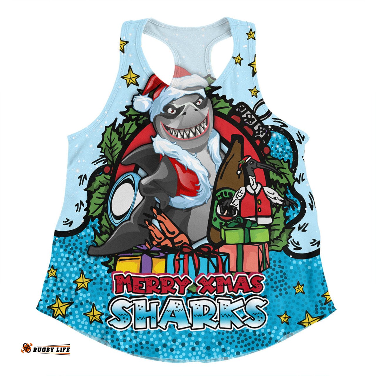 Cronulla-Sutherland Sharks Christmas Custom Women Racerback Singlet - Merry Christmas Our Beloved Team With Aboriginal Dot Art Pattern Women Racerback Singlet