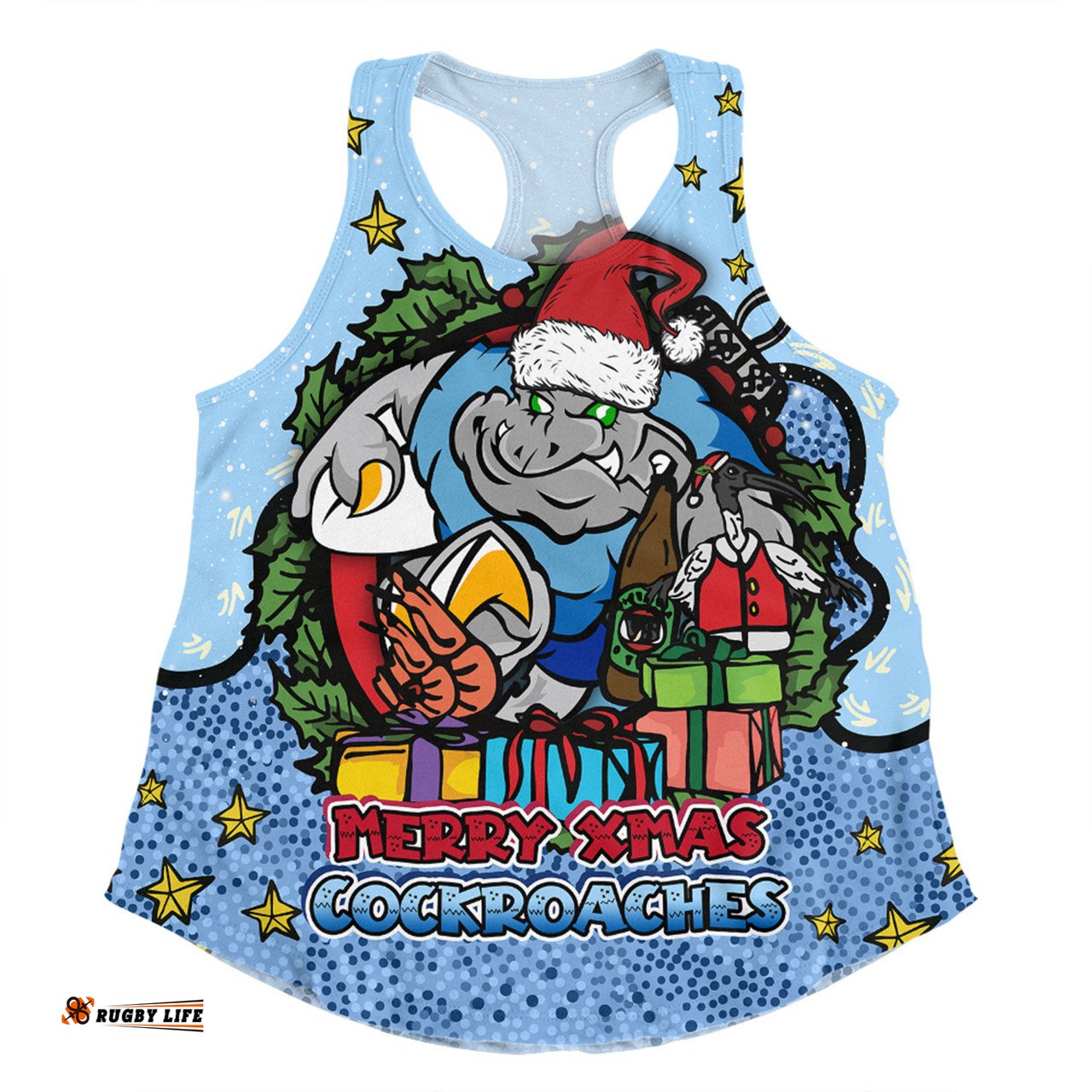 New South Wales Cockroaches Christmas Custom Women Racerback Singlet - Merry Christmas Our Beloved Team With Aboriginal Dot Art Pattern Women Racerback Singlet