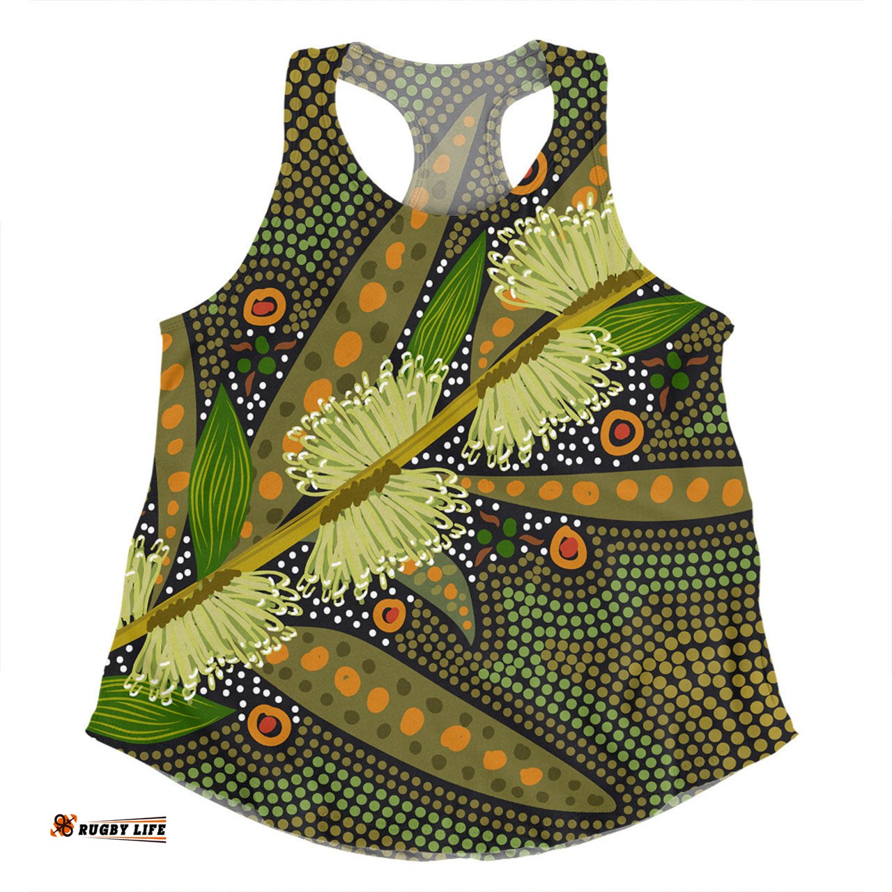 Australia Flowers Aboriginal Women Racerback Singlet - Aboriginal Dot Art Of Australian Native Flower Hakea Sericea Women Racerback Singlet