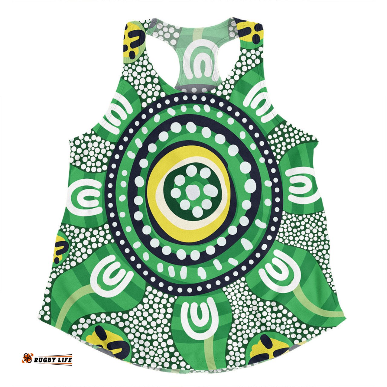 Australia Dot Painting Inspired Aboriginal Women Racerback Singlet - Green Aboriginal Inspired Dot Art Women Racerback Singlet