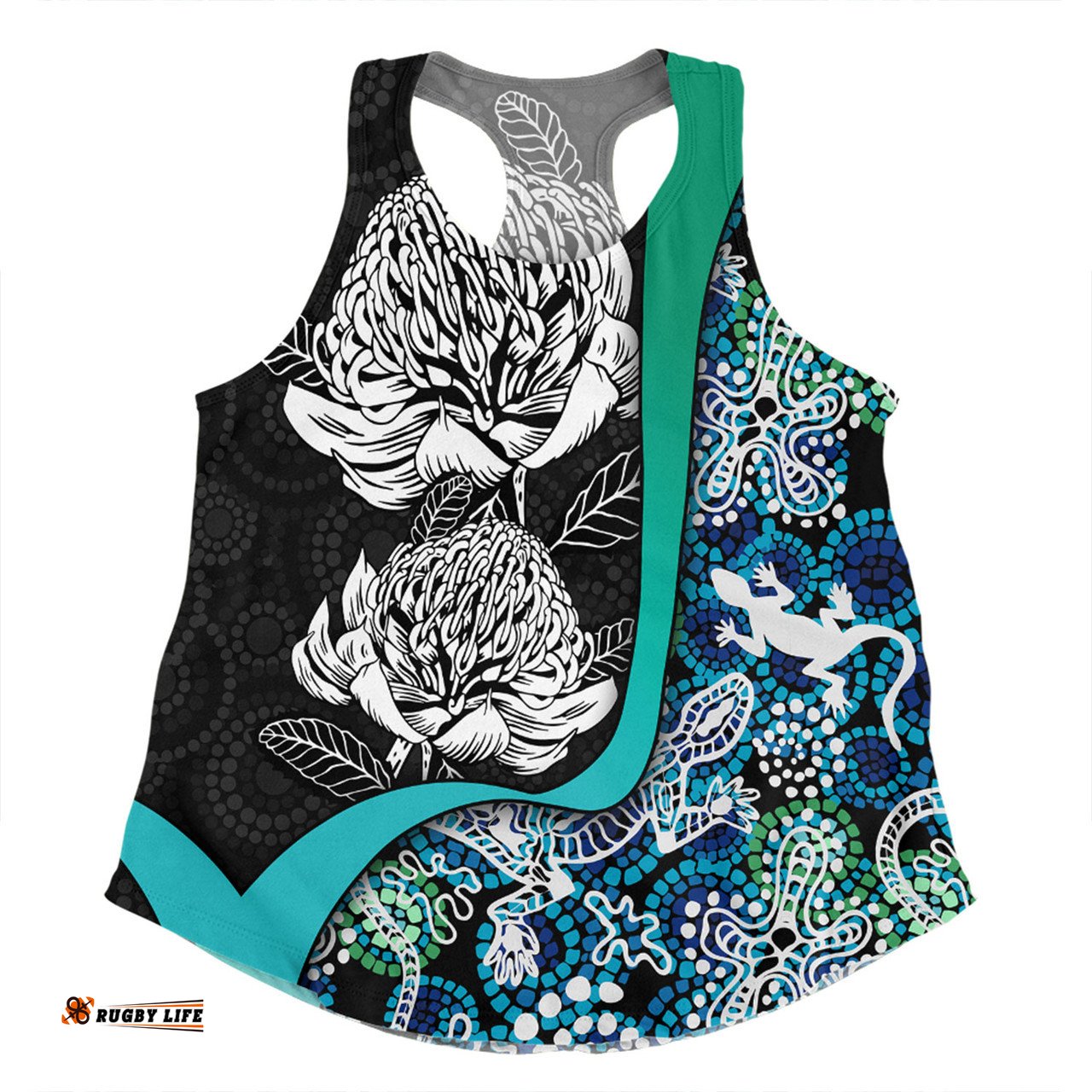 Amazing Aussie Australia Warratah Goanna Aboriginal Waratah Flowers With Blue Lizards, Stones, Sand Dot Art Painting Inspired Women Tank Top