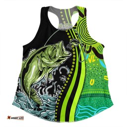 Amazing Aussie Australia Fishing Aboriginal Fishing Custom Rise And Shine A Bass Fish Jumps Out Of Water And Aboriginal Patterns Inspired Women Tank Top