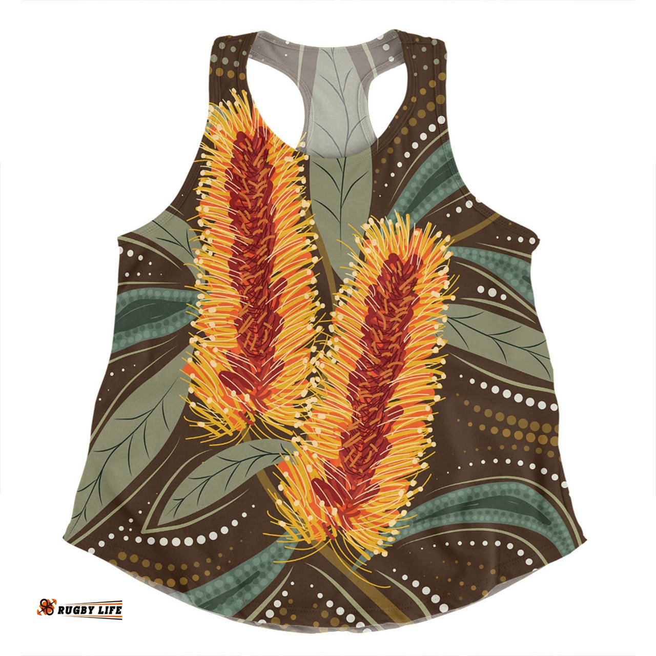 Amazing Aussie Australia Flowers Aboriginal Aboriginal Dot Art With Yellow Banksia Flower Women Tank Top